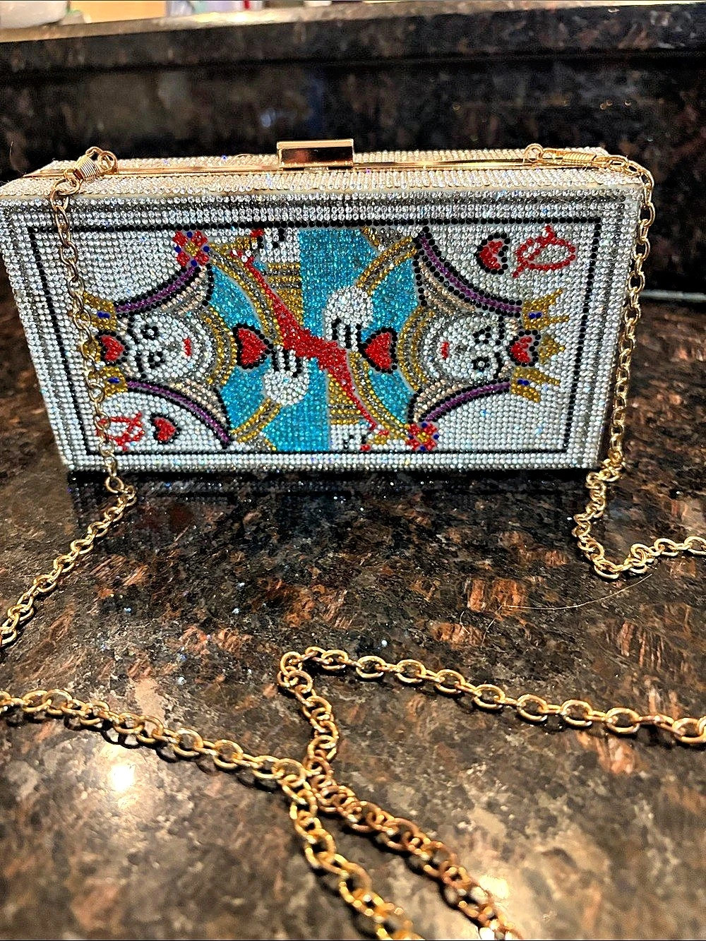 Queen of Hearts Rhinestone Crystal Box Clutch Evening Bag - Novelty Playing Card